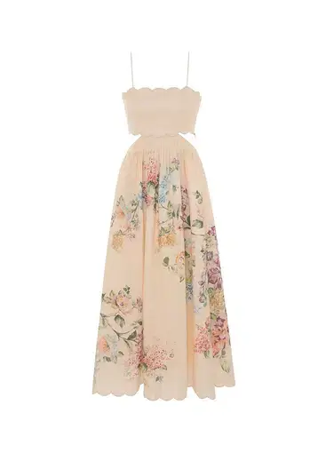 Zimmermann Halliday Scallop Midi Dress Cream Watercolour Floral Size 1/ AU 10