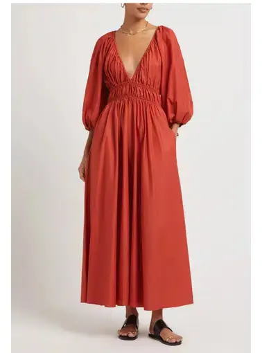 Matteau Shirred Plunge Dress Midi Red Size AU 8