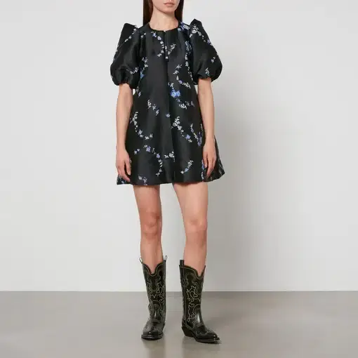 Ganni Floral-Jacquard Mini Dress Black Print Size AU 12
