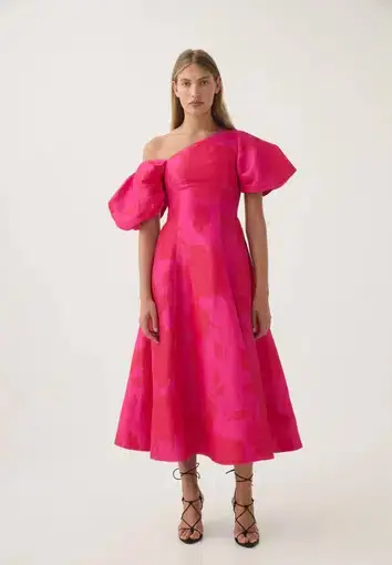 Aje Arista Tulip Sleeve Midi Dress Florescent Rose Size AU 12
