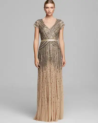 Adrianna Papell Beaded V-Neck Cap Sleeve Gown Gold Size 16