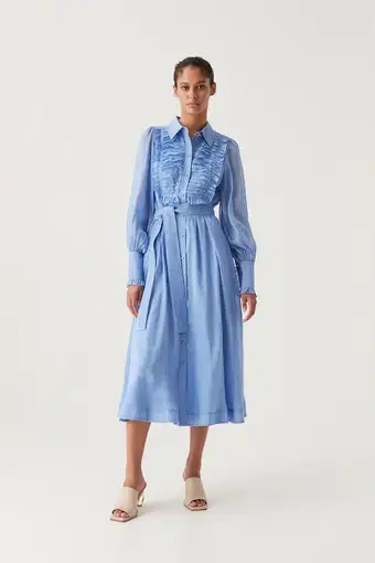 Aje Iris Pleated Bib Midi Dress in Mist Blue Size 16