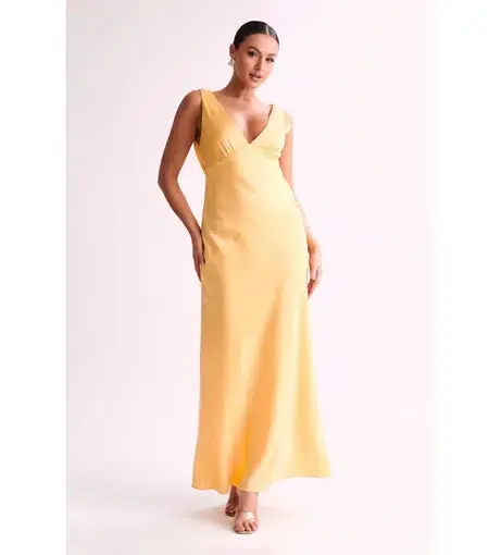 MESHKI Nadia Maxi Satin Dress With Back Cowl Lemon Size 12