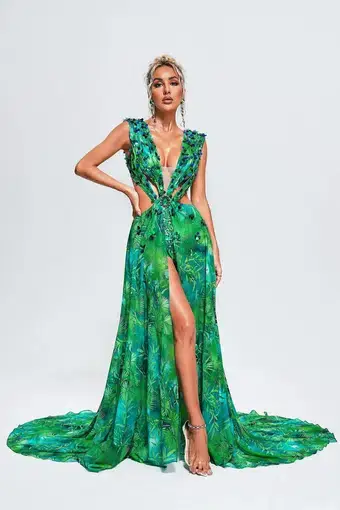 Bella Barnett Yoland Printed Embellished Maxi Dress Green Size 8