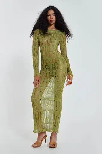 Jaded London Umbra Maxi Dress Moss Green Metallic Size 6