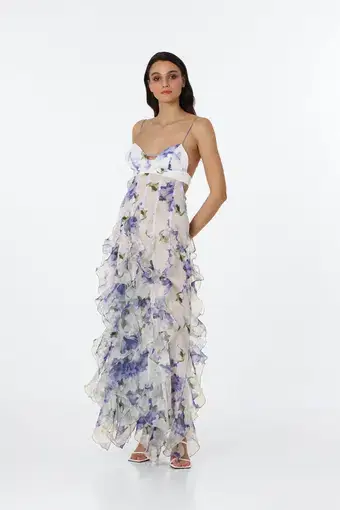 Menti Iris Flower Chiffon Maxi Dress in Blue Roses Size 8