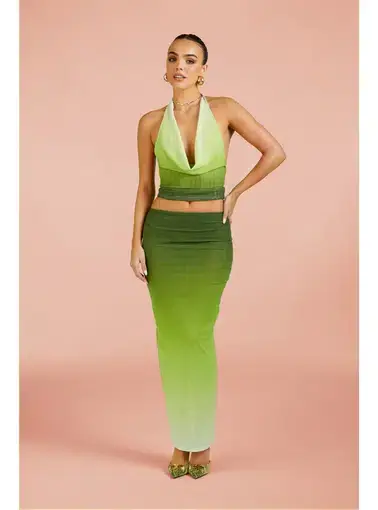Murci Mesh Cowl Neck Top And Mesh Maxi Skirt In Green Gradient Size AU 6