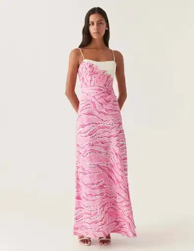 Aje Clarice Draped Maxi Dress in Pink and White Size 14