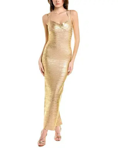 Herve Leger Sweetheart Banded Foil Gown Gold in Size XS/ AU 6