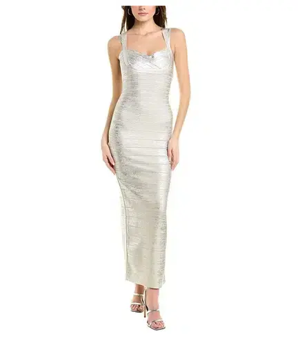Herve Leger Sweetheart Banded Foil Gown Silver in Size XS/AU 6