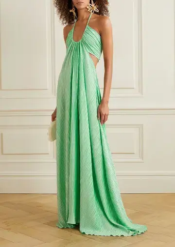 LoveShackFancy Julissa Plissé Satin Halterneck Maxi Dress In Light Emerald Size S / AU 8
