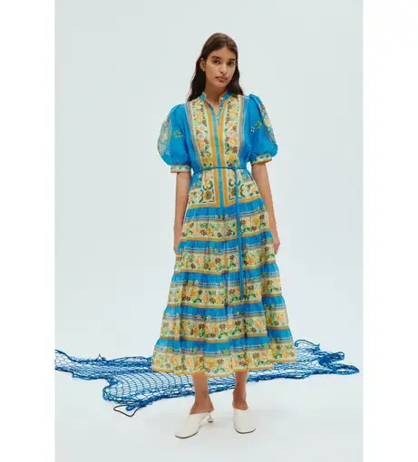 Alemais Linda Tiered Midi Dress Blue/Floral Size 10