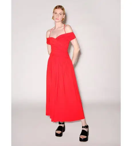 Rosetta Getty Ruched Off The Shoulder Dress Red Size 10