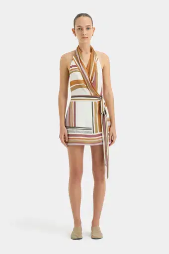 Sir the Label Caprera Wrap Halter Mini Dress Milazzo Stripe Print Size 0P / AU 4
