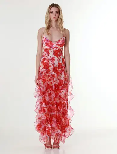 Menti Margarita Ruffle Floral Print Maxi Dress Red Size M / AU 10