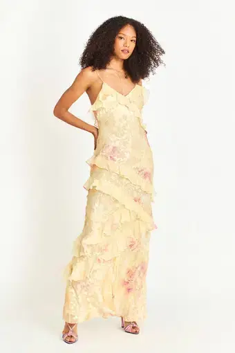 Love Shack Fancy Rialto Floral Chiffon Maxi Dress in Yellow Melon Size 4 US / AU 8
