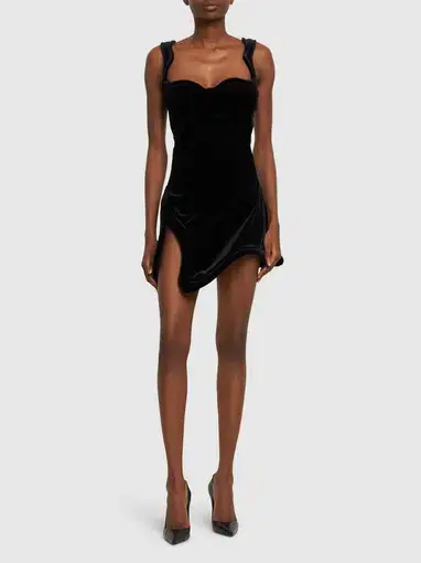 Mugler Wavy Hem Side Slit Velveteen Minidress in Black Size AU 8