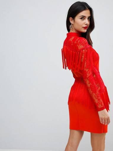 Ultimate Fringe Long Sleeve Lace Red Mini Dress Size 6