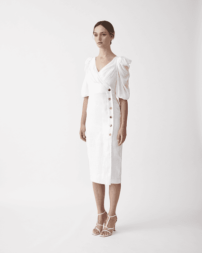 JOSLIN Danielle Silk Linen Midi Wrap Dress – Optical White