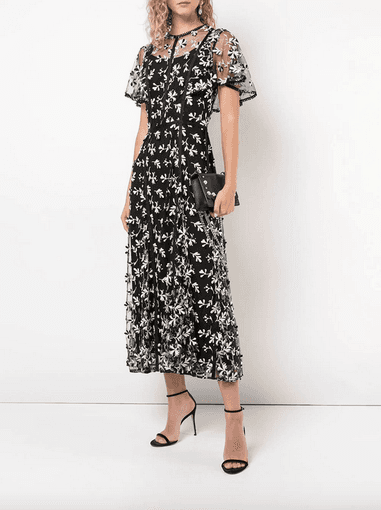 Lela Rose Satin Trimmed Embroidered Tulle Midi Dress Black Size 8