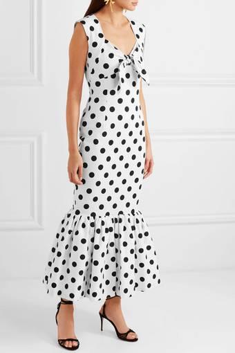 Rebecca De Ravenel - Tie-detailed polka-dot cotton-blend maxi dress in White with black (size 6) NEVER WORN!