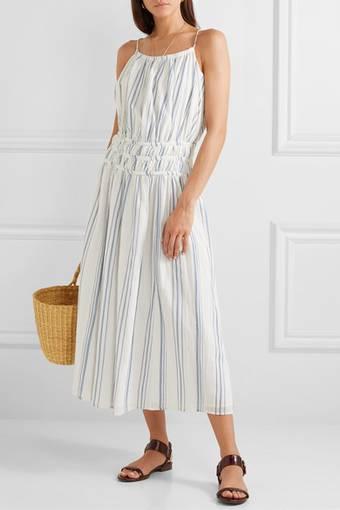 Frame Shirred Striped Cotton Voile Midi Dress Print Size 6