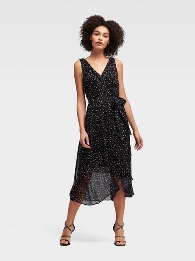 DKNY Sleeveless Ruffle Wrap Dress in Polka Dots Print Size 12