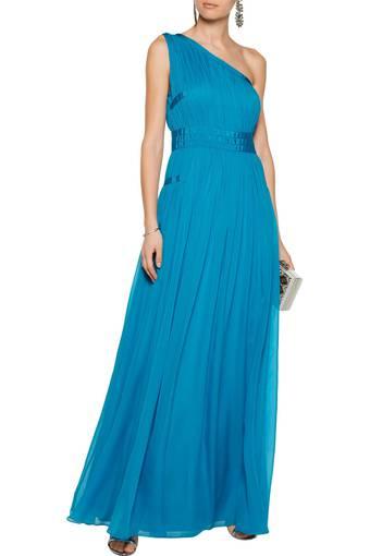 DIANE VON FURSTENBERG Ophelia Ruched Blue Silk One-Shoulder Gown Sz 10