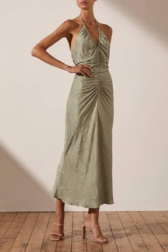 Shona Joy Mia Halter Ruched Midi Dress Green Size 6