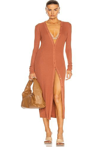 Enza Costa Silk Rib Cardigan Midi Dress Brown Size 8