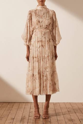 Shona Joy Nina Long Sleeve Backless Tiered Midi Dress  Print Size 8