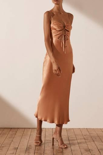Shona Joy Eloise Lace Up Midi Dress Brown Size 6