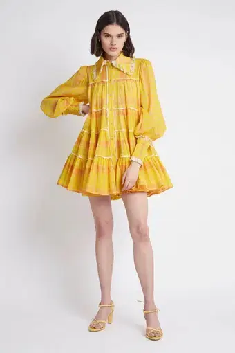 Aje Wilderness Smock Mini Dress Yellow Print Size 10