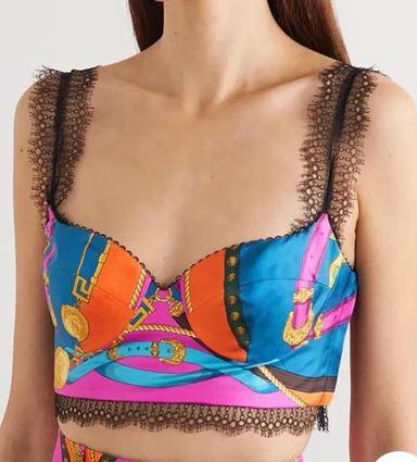 VERSACE Lace-trimmed printed silk-twill bustier top Size 8