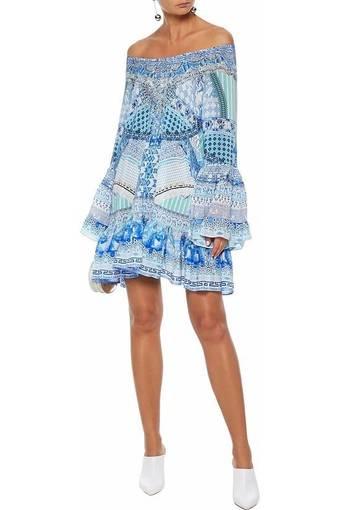 Camilla Woman Day Dreamer Off-the-shoulder Embellished Silk Crepe De Chine Mini Dress Light Blue Size 14