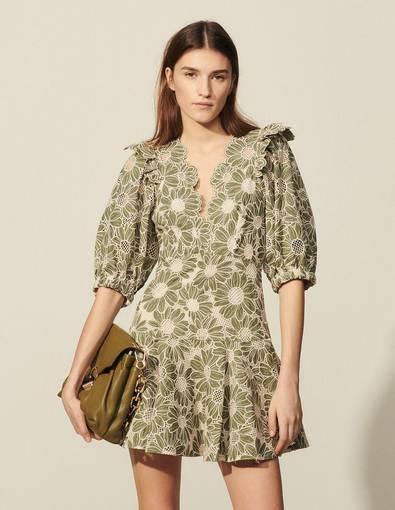 SANDRO embroidered floral green mini dress