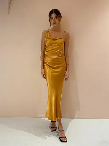 Shona Joy Alma Asymmetrical Bias Cowl Midi Dress Yellow Turmeric Size 12 