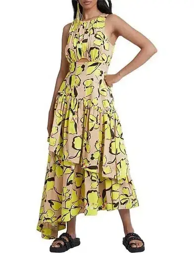 Aje Pelicano Citrus Bloom Racer Asymmetric Tiered Dress Print Size 14