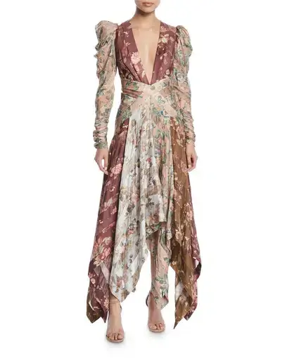 Zimmermann Unbridled Floral Chevron-Panel Silk Dress Print Size 12 