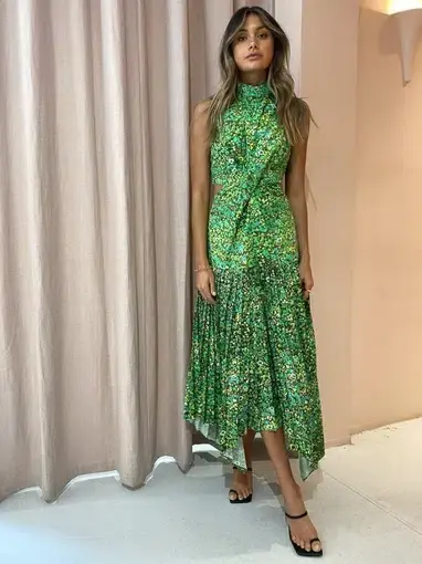 Alemais Phyllis Twist Front Pleat Dress In Acid Green Size 10