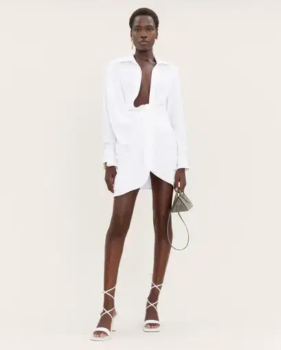 Jacquemus La Robe Bahia Knotted Draped Shirt Dress White Size 8 