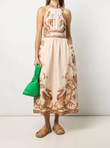 Zimmerman Cassia Halter Bow Midi Dress Cream Bird Floral Print