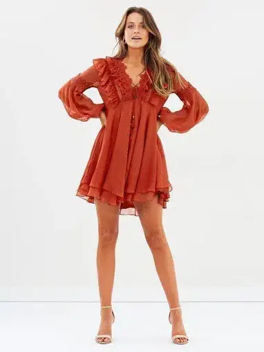 Shona Joy Catherine Layered Mini Dress with Lace Trim in Burnt Red Size 10