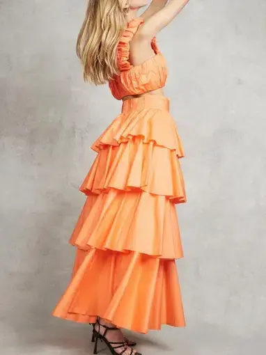 Aje Medina Ruched Cropped Top and Tiered Midi Skirt Set Orange Size 8
