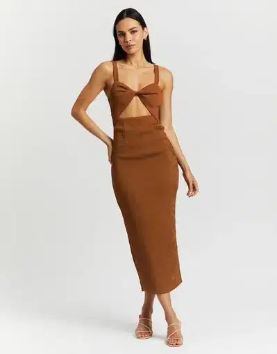 Shona Joy Simone Fitted Cut Out Midi Dress Brown Size 8