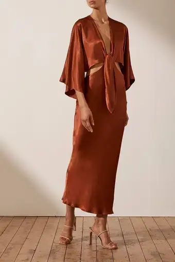 Shona Joy Sophia Tie Front Bias Midi Dress Brown Size 8 