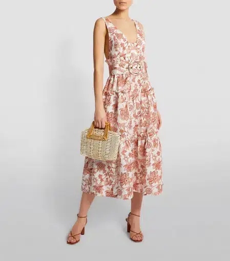 Shona Joy Carolina Linen Tiered Midi Floral Dress Print Size 10