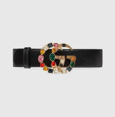 Gucci Leather Belt with Crystal Double G Buckle Multi