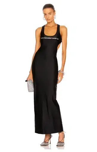 Alexander Wang Crystal Logo Long Dress with Cut Outs Black Size 8