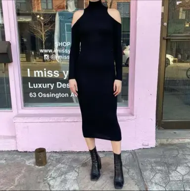 Balmain Wool Cold Shoulder Bodycon Midi Dress Black Size 8